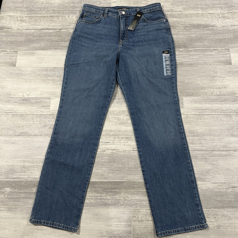 Lee Instantly Slims Relaxed Fit Straight Leg High Rise Jeans Size 12M Blue New